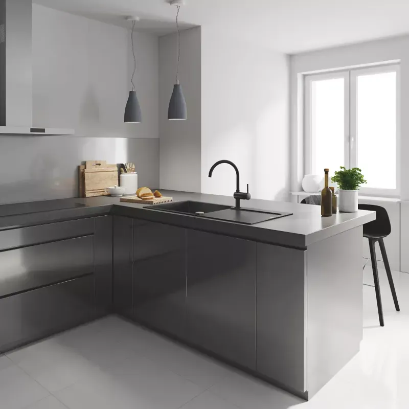 Casa si Gradina - Sanitare - Chiuveta bucatarie si accesorii - Baterii bucatarie - Baterie bucatarie Grohe Minta, 3/8'', tip C, inalta, mat, negru, 32917KS0 - Infinity.ro