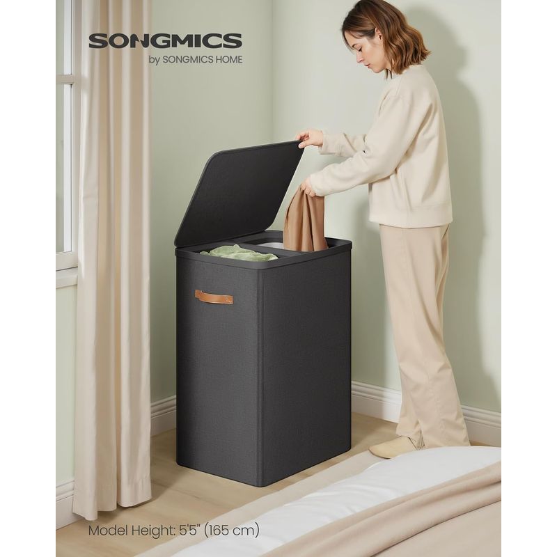 Market - Spalare si intretinere rufe - Uscatoare de rufe si accesorii - SONGMICS Cos rufe cu 2 compartimente si capac, saci detasabili cu maner, 170 litri, 56x40x75 cm, negru - Infinity.ro
