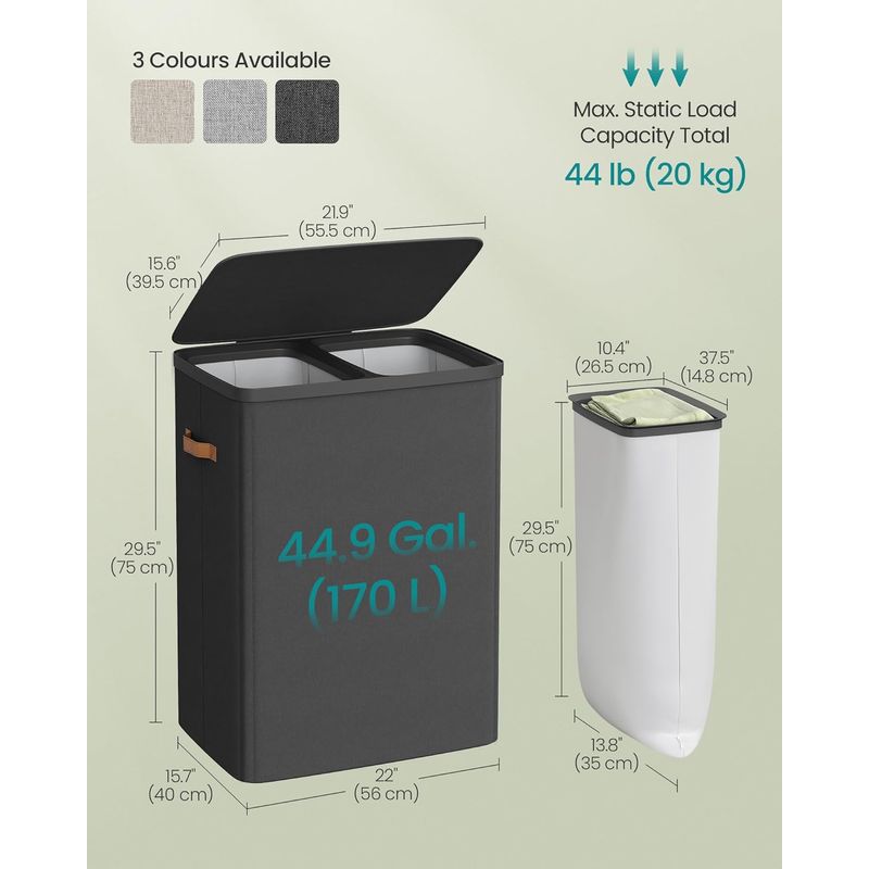 Market - Spalare si intretinere rufe - Uscatoare de rufe si accesorii - SONGMICS Cos rufe cu 2 compartimente si capac, saci detasabili cu maner, 170 litri, 56x40x75 cm, negru - Infinity.ro