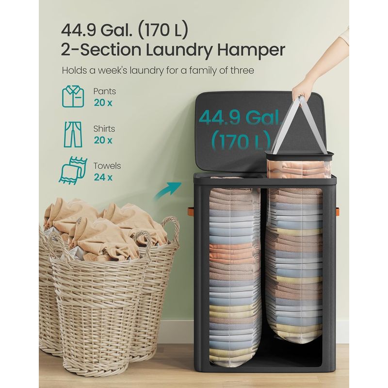 Market - Spalare si intretinere rufe - Uscatoare de rufe si accesorii - SONGMICS Cos rufe cu 2 compartimente si capac, saci detasabili cu maner, 170 litri, 56x40x75 cm, negru - Infinity.ro