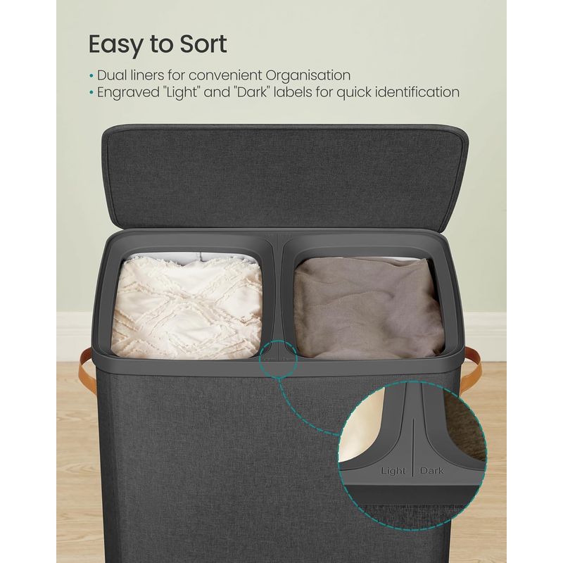 Market - Spalare si intretinere rufe - Uscatoare de rufe si accesorii - SONGMICS Cos rufe cu 2 compartimente si capac, saci detasabili cu maner, 170 litri, 56x40x75 cm, negru - Infinity.ro