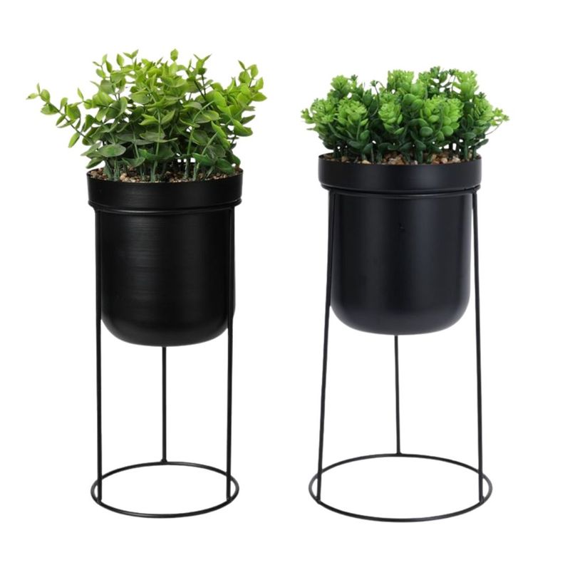 Casa si Gradina - Decoratiuni - Obiecte decorative - Plante artificiale - Planta artificiala Buxus 38 cm, in ghiveci cu suport metalic negru, forma cilindrica, design modern - Infinity.ro