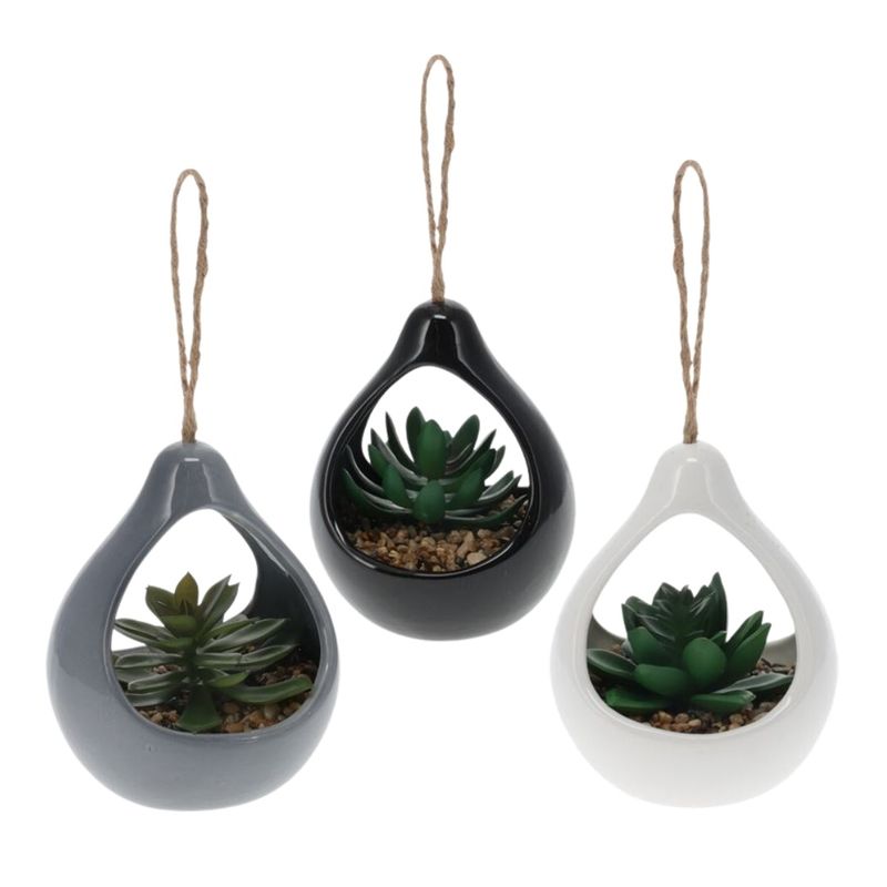 Casa si Gradina - Decoratiuni - Obiecte decorative - Plante artificiale - Planta artificiala Suculenta , in suport ceramic negru tip picatura, 14 cm, cu agatatoare din sfoara - Infinity.ro