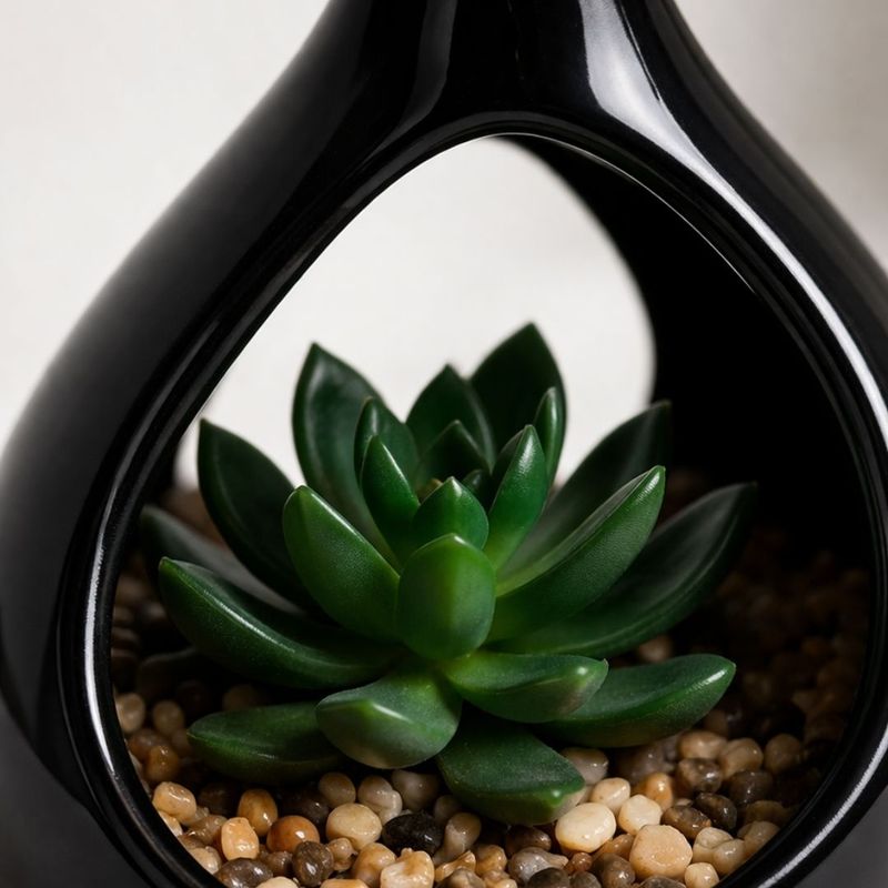 Casa si Gradina - Decoratiuni - Obiecte decorative - Plante artificiale - Planta artificiala Suculenta , in suport ceramic negru tip picatura, 14 cm, cu agatatoare din sfoara - Infinity.ro
