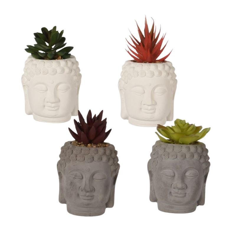 Casa si Gradina - Decoratiuni - Obiecte decorative - Plante artificiale - Planta artificiala Suculenta in ghiveci de ciment 12.5 cm, forma de statueta cap Buddha, gri cu mov - Infinity.ro