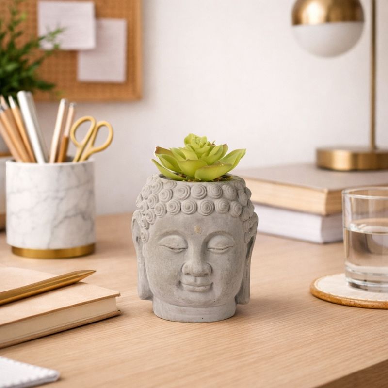 Casa si Gradina - Decoratiuni - Obiecte decorative - Plante artificiale - Planta artificiala Suculenta in ghiveci de ciment 12.5 cm, forma de statueta cap Buddha, gri cu verde - Infinity.ro