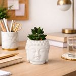 Casa si Gradina - Decoratiuni - Obiecte decorative - Plante artificiale - Planta artificiala Suculenta in ghiveci de ciment 12.5 cm, forma de statueta cap Buddha, alb cu verde - Infinity.ro