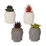 Casa si Gradina - Decoratiuni - Obiecte decorative - Plante artificiale - Planta artificiala Suculenta in ghiveci de ciment 12.5 cm, forma de statueta cap Buddha, alb cu verde - Infinity.ro