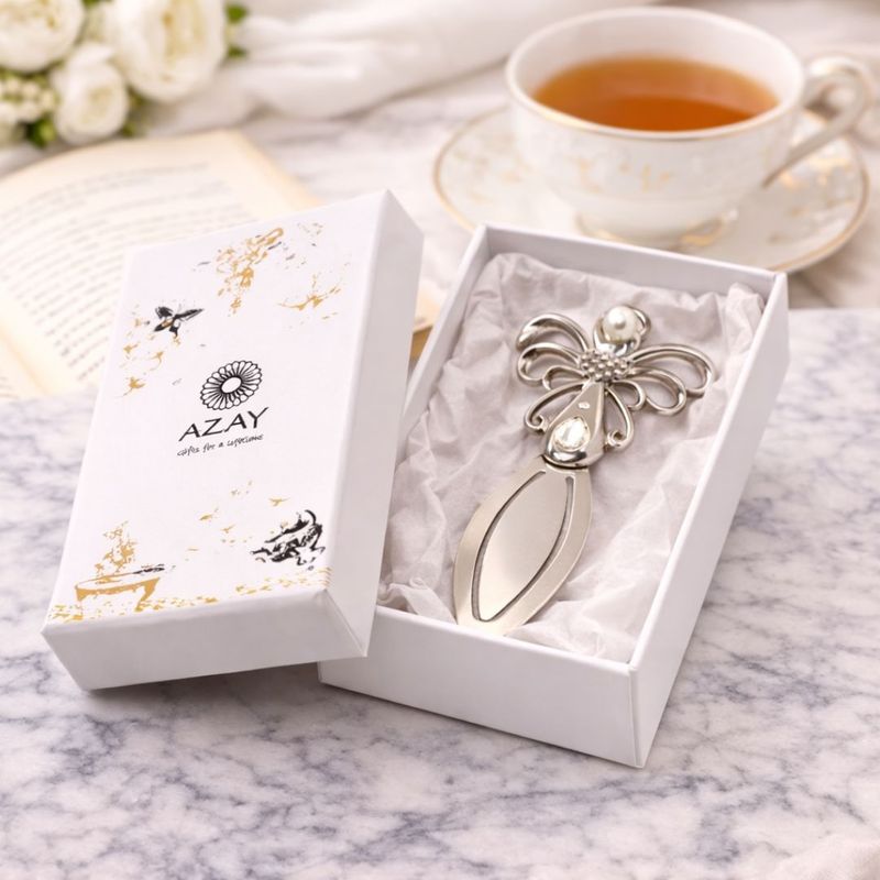 Carti si Birotica - Carti - Accesorii pentru cititori - Semn de Carte Metalic Ingeras cu Perla si Cristale, 12 x 5 cm, Argintiu, Cadou Elegant pentru Femei, AZAY - Infinity.ro