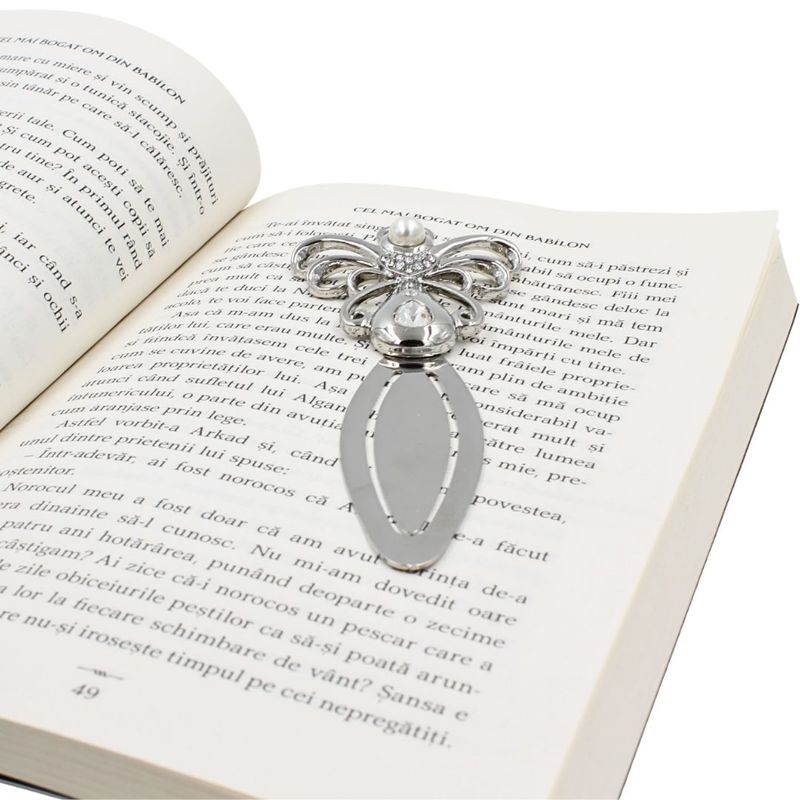 Carti si Birotica - Carti - Accesorii pentru cititori - Semn de Carte Metalic Ingeras cu Perla si Cristale, 12 x 5 cm, Argintiu, Cadou Elegant pentru Femei, AZAY - Infinity.ro