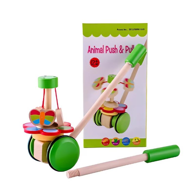 Jucarii, Copii si Bebe - Jucarii si jocuri - Jucarii bebelusi - Jucarii de tras/impins - Jucarie de impins ajustabila din lemn, Caruselul Verde, 18 luni+ - Infinity.ro