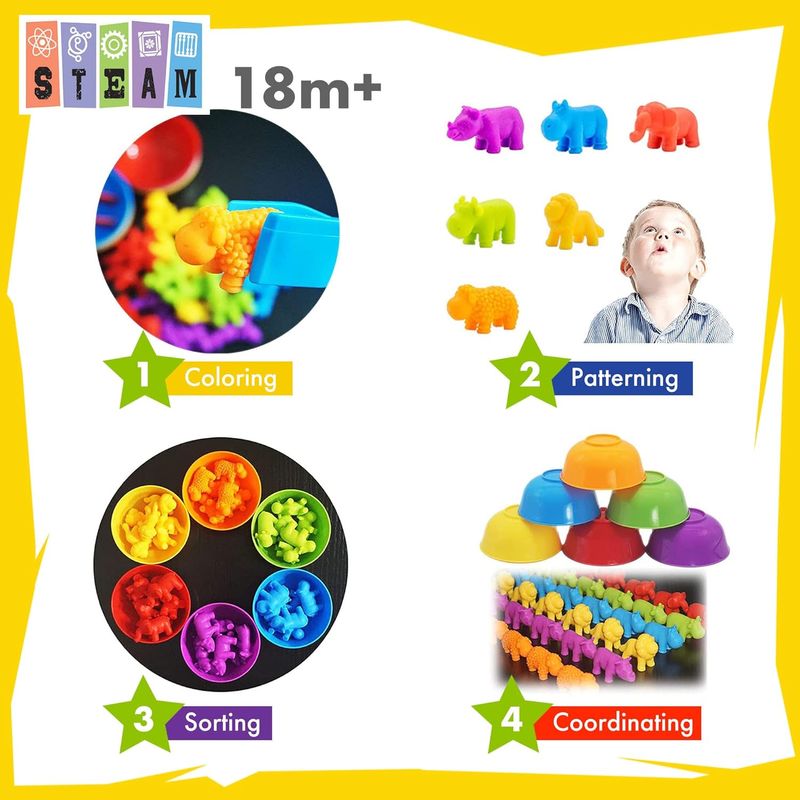 Jucarii, Copii si Bebe - Jucarii si jocuri - Jucarii & jocuri educative - Jocuri si jucarii educative - Joc Montessori de sortare culori, clasificare si numarare Animale Dragalase, 36 piese, +3ani - Infinity.ro