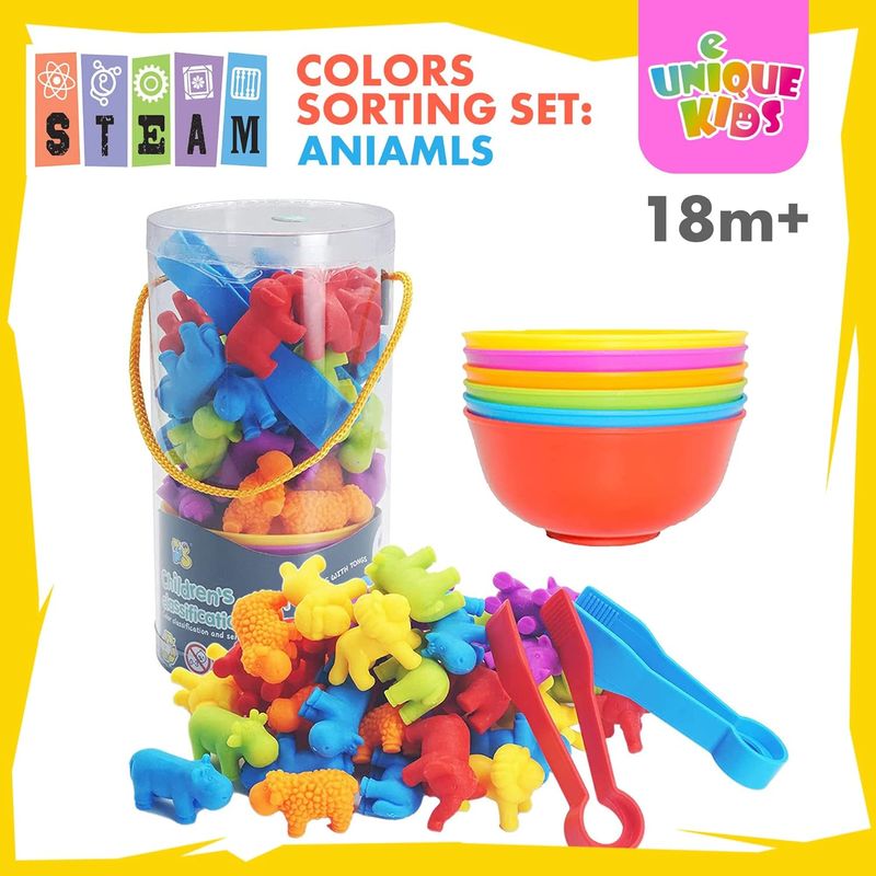 Jucarii, Copii si Bebe - Jucarii si jocuri - Jucarii & jocuri educative - Jocuri si jucarii educative - Joc Montessori de sortare culori, clasificare si numarare Animale Dragalase, 36 piese, +3ani - Infinity.ro