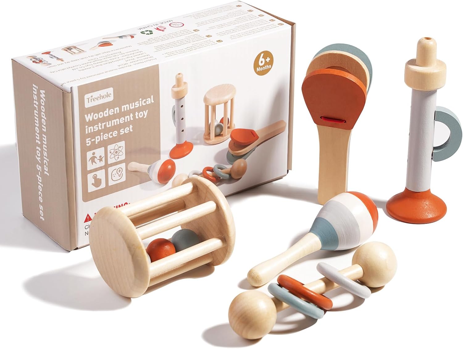 Set 5 instrumente muzicale din lemn pentru copii, Culori pastelate, +6 luni