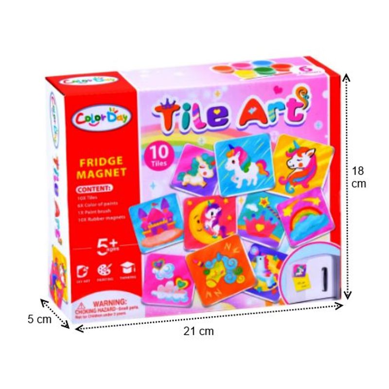 Jucarii, Copii si Bebe - Jucarii si jocuri - Jucarii & jocuri educative - Seturi de artizanat - Set Creativ DIY de Pictat Magneti de Frigider "Tile Art", 10 Placute Ceramice, Kit Complet cu Pensula si Vopsele, +5y - Infinity.ro