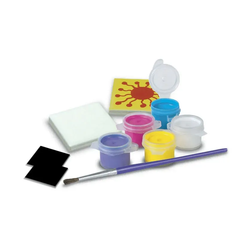 Jucarii, Copii si Bebe - Jucarii si jocuri - Jucarii & jocuri educative - Seturi de artizanat - Set Creativ DIY de Pictat Magneti de Frigider "Tile Art", 10 Placute Ceramice, Kit Complet cu Pensula si Vopsele, +5y - Infinity.ro
