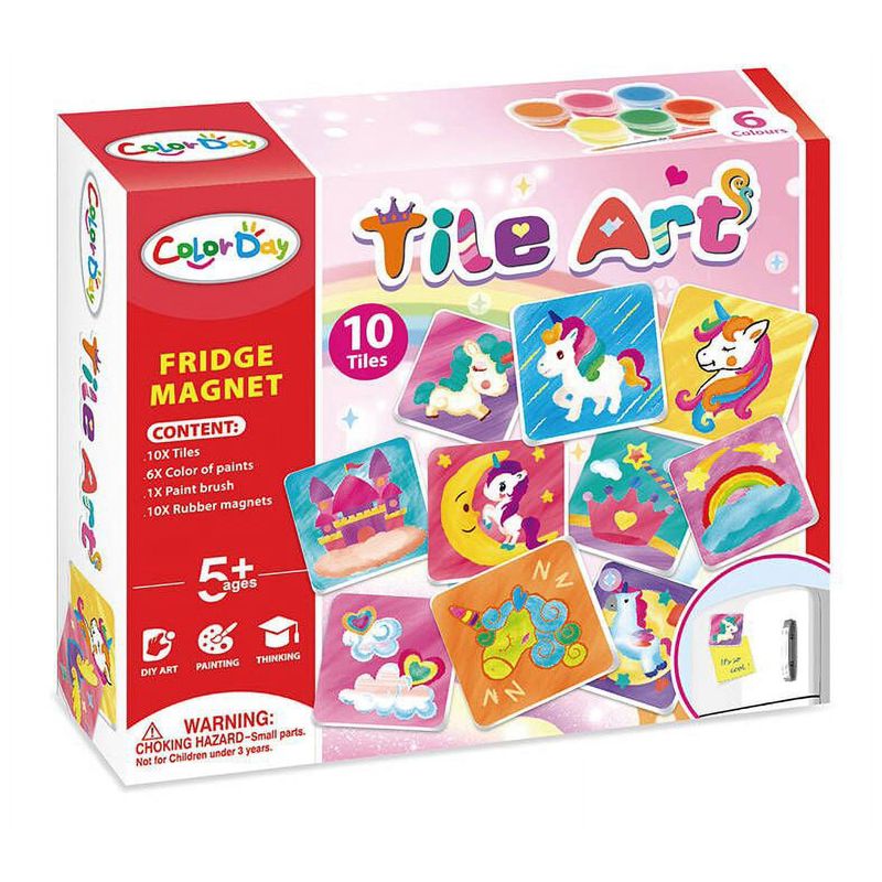 Jucarii, Copii si Bebe - Jucarii si jocuri - Jucarii & jocuri educative - Seturi de artizanat - Set Creativ DIY de Pictat Magneti de Frigider "Tile Art", 10 Placute Ceramice, Kit Complet cu Pensula si Vopsele, +5y - Infinity.ro