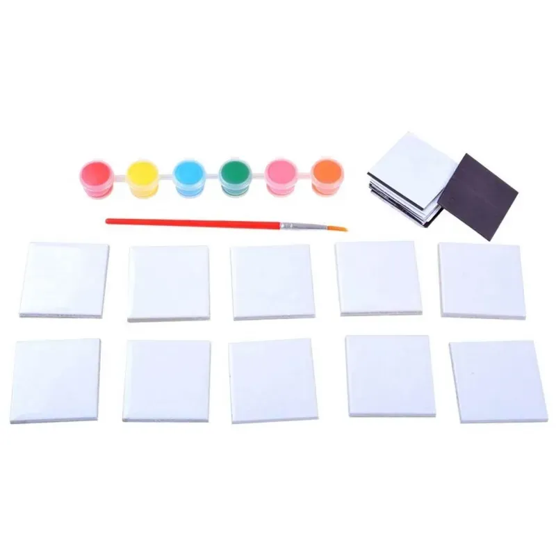 Jucarii, Copii si Bebe - Jucarii si jocuri - Jucarii & jocuri educative - Seturi de artizanat - Set Creativ DIY de Pictat Magneti de Frigider "Tile Art", 10 Placute Ceramice, Kit Complet cu Pensula si Vopsele, +5y - Infinity.ro