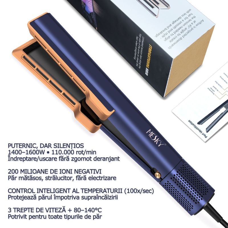 Ingrijire personala si Cosmetice - Aparate & accesorii ingrijire personala - Hair styling - Placi de indreptat parul - MESKY AirStyler Intinzator de par parul cu Aer si Placi Speciale, 80-140°C, functie de Uscator de Par, Albastru - Infinity.ro