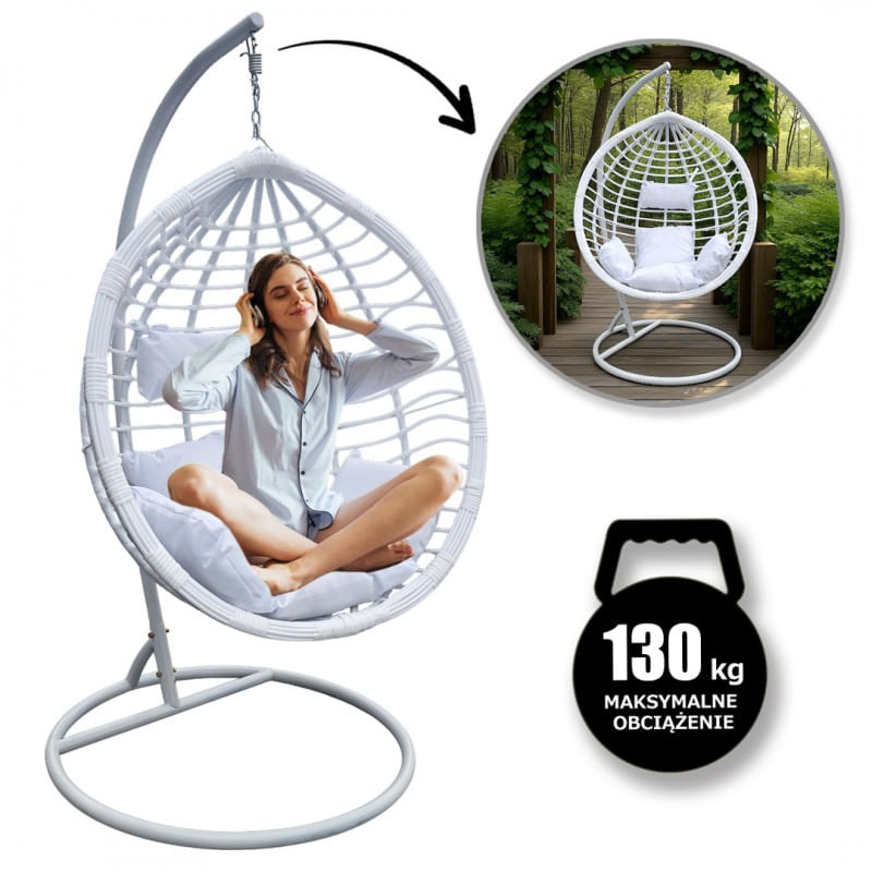 Casa si Gradina - Gradina si terasa - Balansoare si hamace - Balansoare - Leagan tip cuib, fotoliu suspendat, maxim 130 kg, cocoon alb si perne albe,  JollyMag, KR36 - Infinity.ro