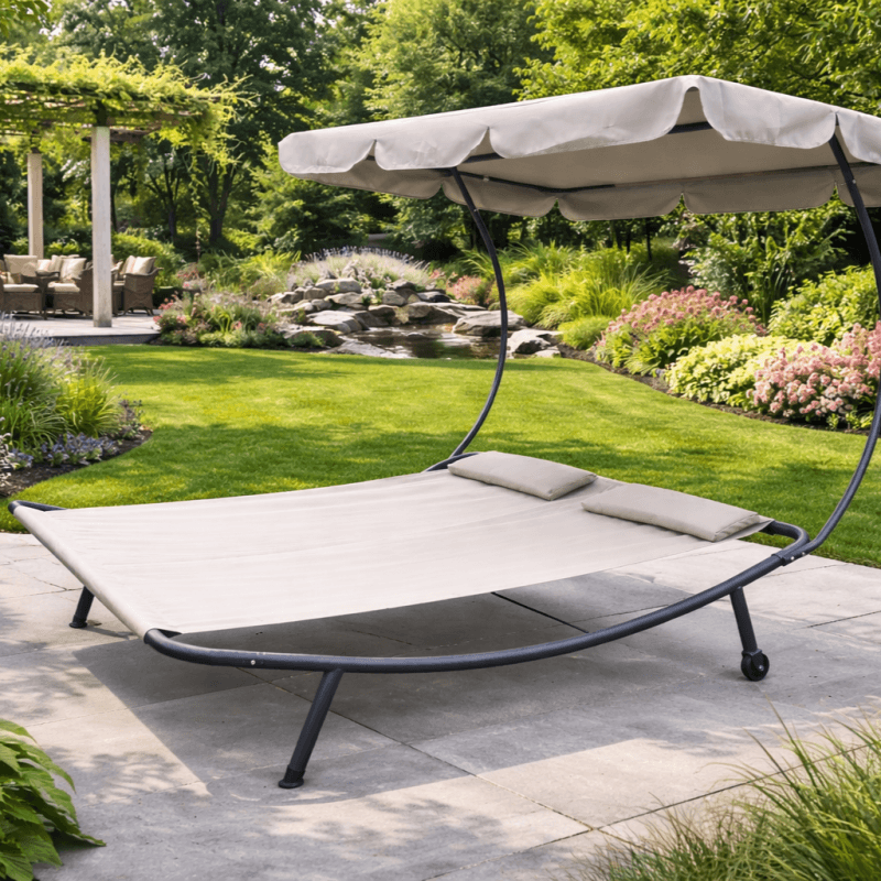 Casa si Gradina - Gradina si terasa - Mobilier exterior - Scaune si sezlonguri gradina - Sezlong dublu cu umbrela inclusa, pentru 2 persoane, gri, 200x173x155 cm, Jollymag, LE02 - Infinity.ro