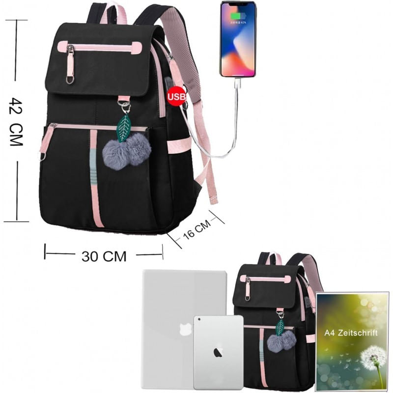 Sport si Outdoor - Articole de voiaj - Rucsacuri - Rucsac negru cu roz, universal, pentru sport si scoala, iesire USB, JollyMag, PL158 - Infinity.ro
