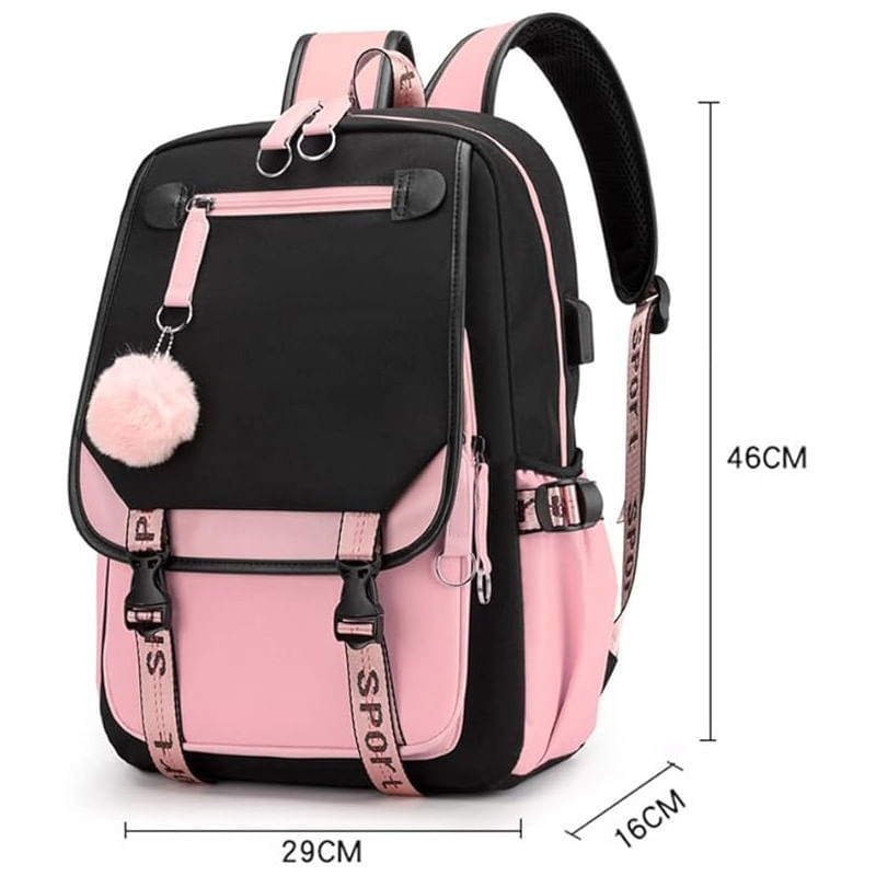 Sport si Outdoor - Articole de voiaj - Rucsacuri - Rucsac negru cu roz si alb, universal, pentru sport si scoala, iesire USB, JollyMag, PL156CZ - Infinity.ro