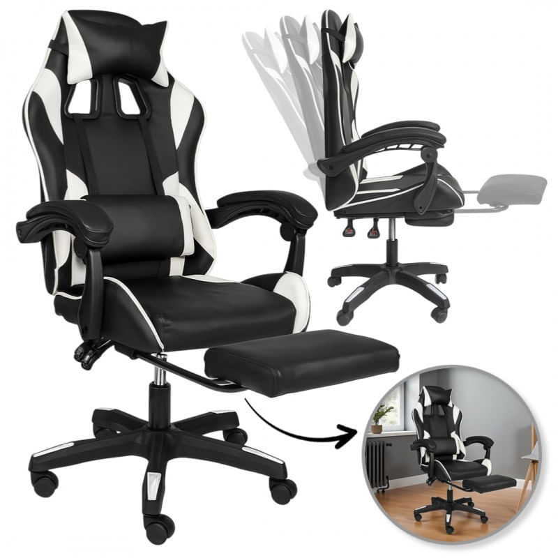 Scaun de gaming negru, cu perna lombara si suport picioare, max 150 kg, 62x105-115 cm, JollyMag, KO31B