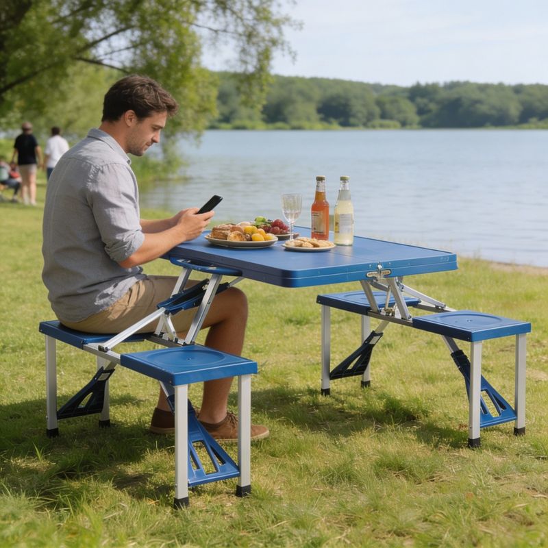 Casa si Gradina - Gradina si terasa - Mobilier exterior - Seturi mobila gradina - Set mobilier, masa pliabila albastra si 2 bancute pliabile, pentru gradina, camping sau pescuit, tip valiza, JollyMag, OXE2712 - Infinity.ro