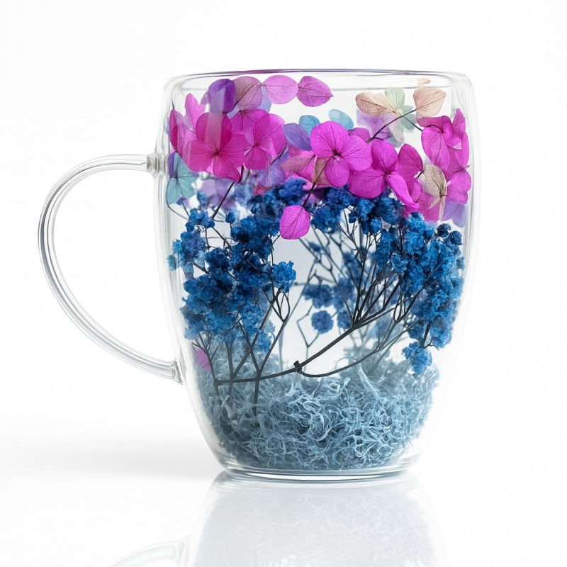 Casa si Gradina - Bucatarie si vesela - Cani si pahare - Cani si cesti - Cana 300 ml din sticla borosilicata, pereti dubli, model flori albastru-roz, in cutie cadou, JollyMag, SZK194 - Infinity.ro