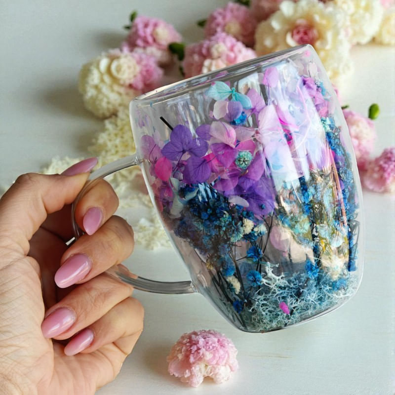 Casa si Gradina - Bucatarie si vesela - Cani si pahare - Cani si cesti - Cana 300 ml din sticla borosilicata, pereti dubli, model flori albastru-roz, in cutie cadou, JollyMag, SZK194 - Infinity.ro