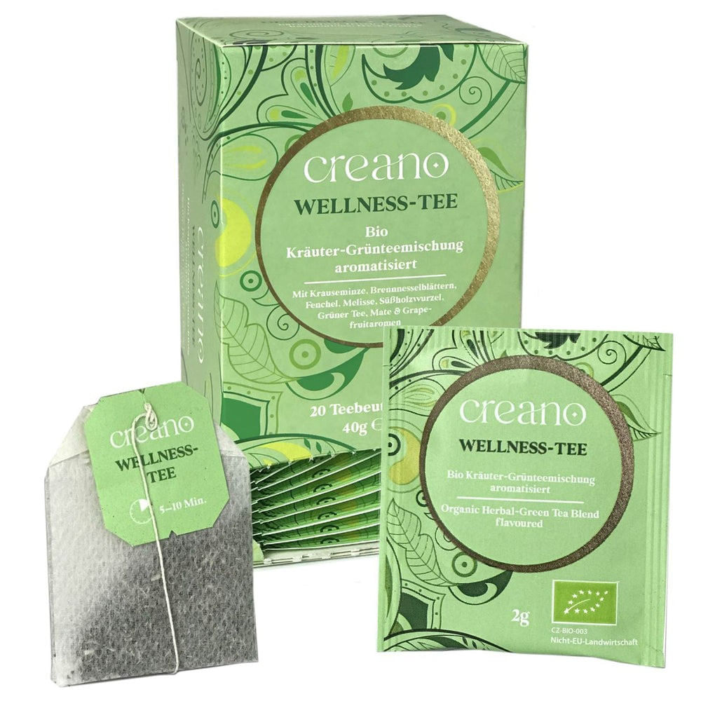Ceai Bio Creano Wellness Tea, 20 plicuri, ceai verde cu plante, aroma grapefruit, gust proaspat