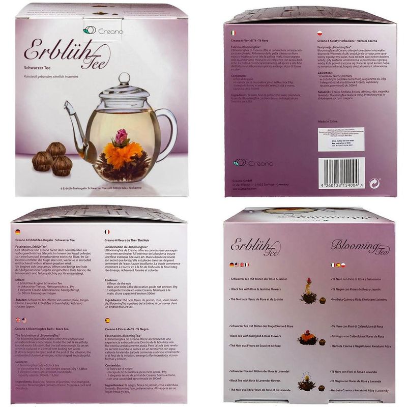 Market - Cafea si ceaiuri - Ceaiuri - Set cadou Creano ErbluhTee Mix, ceainic din sticla 500 ml si 6 bile ceai infloritor negru, 3 varietati - Infinity.ro