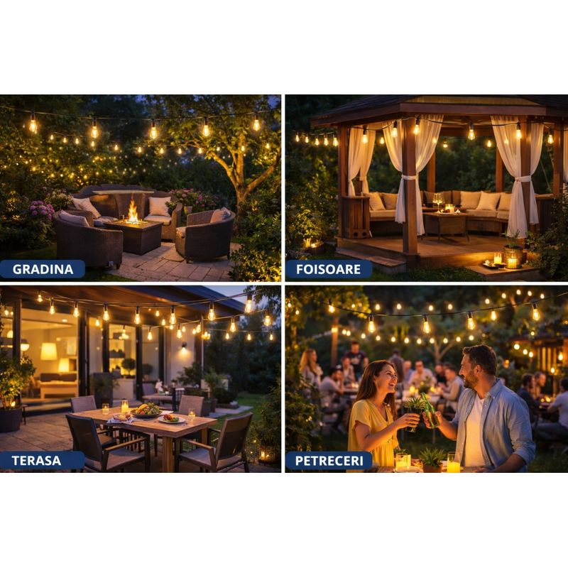 Casa si Gradina - Corpuri si surse de iluminat - Iluminat exterior - Instalatii luminoase exterior - Ghirlanda luminoasa cu incarcare la priza, Lungime 30 metri 30 Becuri LED, Lumina calda - Infinity.ro