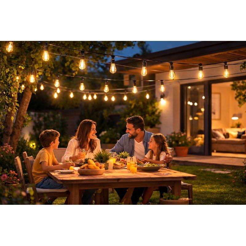 Casa si Gradina - Corpuri si surse de iluminat - Iluminat exterior - Instalatii luminoase exterior - Ghirlanda luminoasa cu incarcare la priza, Lungime 30 metri 30 Becuri LED, Lumina calda - Infinity.ro