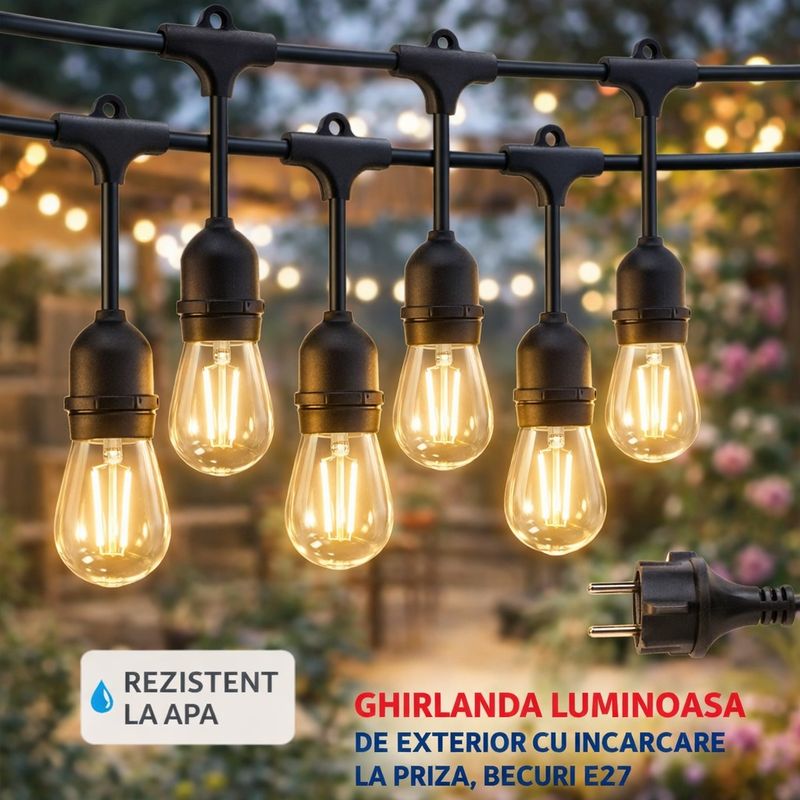 Casa si Gradina - Corpuri si surse de iluminat - Iluminat exterior - Instalatii luminoase exterior - Ghirlanda luminoasa cu incarcare la priza, Lungime 20 metri 20 Becuri LED, Lumina calda - Infinity.ro