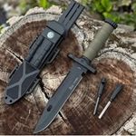 Sport si Outdoor - Camping - Cutite, bricege si accesorii - Cutite si bricege - Set de doua cutite cu amnar si ascutitor , 32 cm DEPOX® , teaca multifunctionala, verde military - Infinity.ro