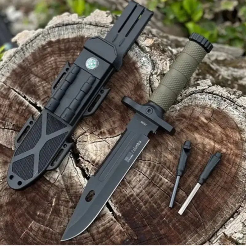 Sport si Outdoor - Camping - Cutite, bricege si accesorii - Cutite si bricege - Set de doua cutite cu amnar si ascutitor , 32 cm DEPOX® , teaca multifunctionala, verde military - Infinity.ro