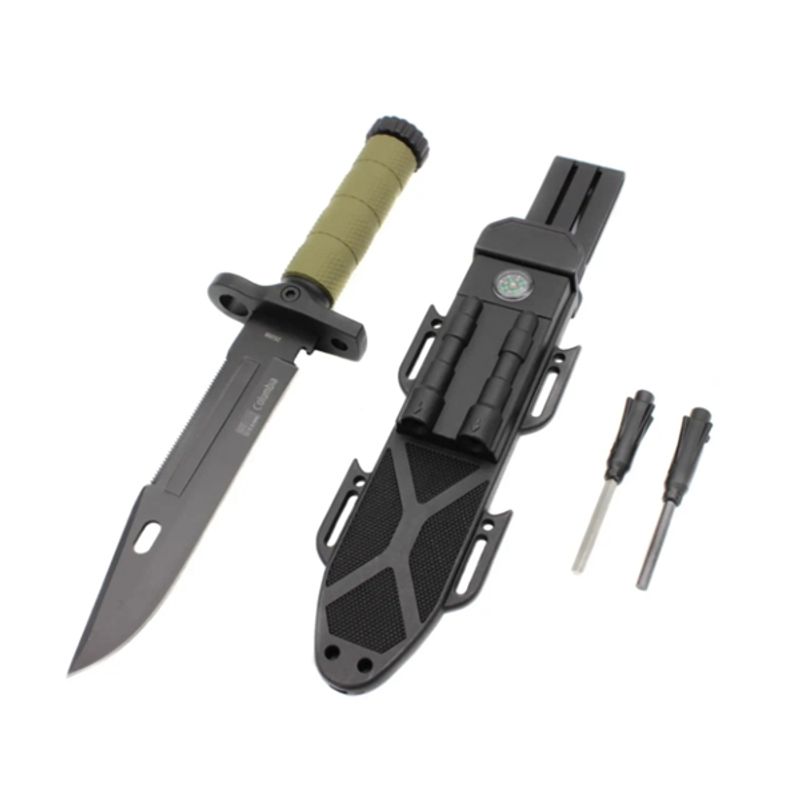 Sport si Outdoor - Camping - Cutite, bricege si accesorii - Cutite si bricege - Set de doua cutite cu amnar si ascutitor , 32 cm DEPOX® , teaca multifunctionala, verde military - Infinity.ro