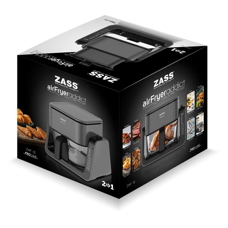 Electronice si Electrocasnice - Electrocasnice bucatarie - Aparate de gatit & desert - Friteuze - Friteuza cu aer cald Zass ZAF 12, 1500W, vas de sticla 4L, functie grill, set inclus - Infinity.ro