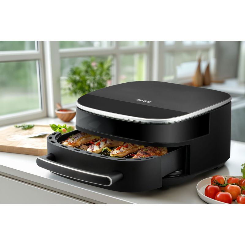 Electronice si Electrocasnice - Electrocasnice bucatarie - Aparate de gatit & desert - Friteuze - Friteuza cu aer cald Zass ZAF-19, 5.5 L, Functie pizza, 1500 W, Culoare negru - Infinity.ro