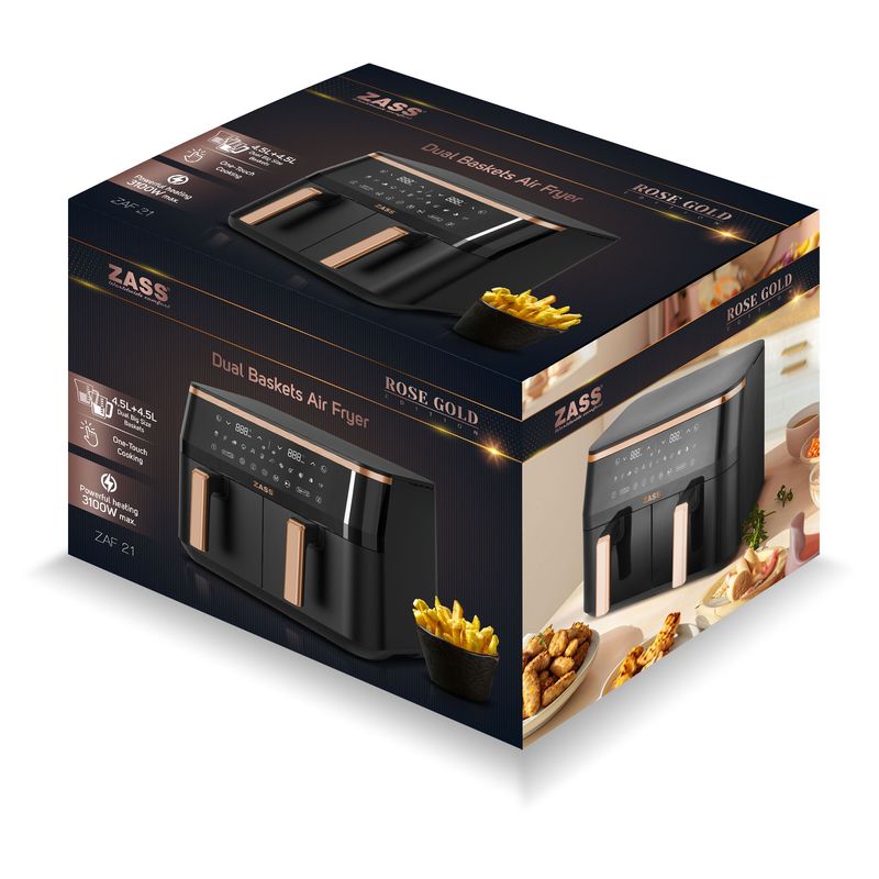 Electronice si Electrocasnice - Electrocasnice bucatarie - Aparate de gatit & desert - Friteuze - Imagine produs Friteuza dubla cu aer cald ZASS ZAF 21, Airfryer cu 2 cosuri, putere 3100 W,Negru - Infinity.ro