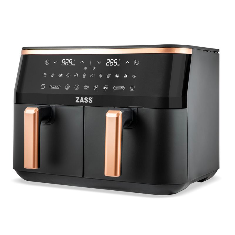 Electronice si Electrocasnice - Electrocasnice bucatarie - Aparate de gatit & desert - Friteuze - Imagine produs Friteuza dubla cu aer cald ZASS ZAF 21, Airfryer cu 2 cosuri, putere 3100 W,Negru - Infinity.ro
