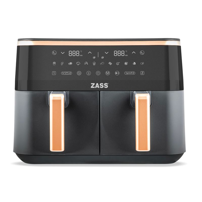 Electronice si Electrocasnice - Electrocasnice bucatarie - Aparate de gatit & desert - Friteuze - Imagine produs Friteuza dubla cu aer cald ZASS ZAF 21, Airfryer cu 2 cosuri, putere 3100 W,Negru - Infinity.ro
