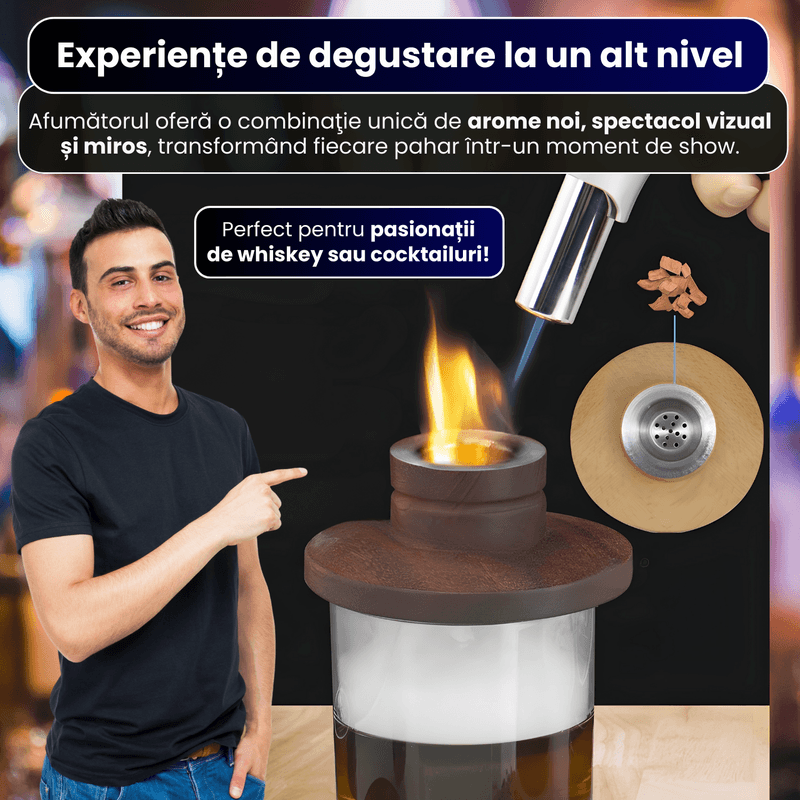 Casa si Gradina - Bucatarie si vesela - Accesorii bar - Shakere - Set premium de afumare bauturi, cu 4 arome naturale, Cos de fum de lemn, Torta(fara gaz), Cutie Premium de Lemn - Infinity.ro