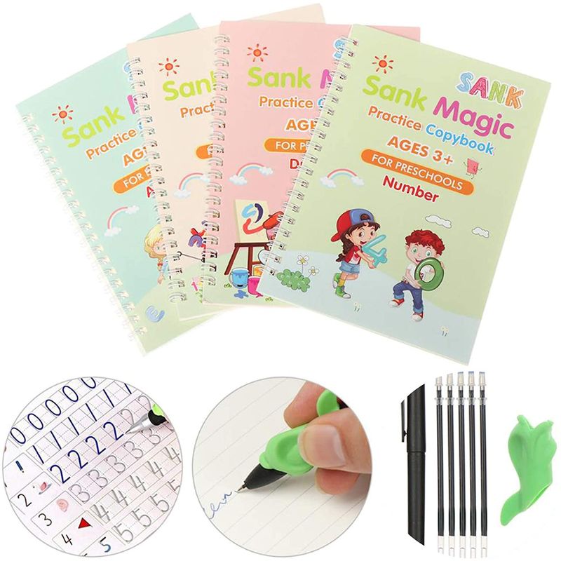 Carti si Birotica - Carti - Carti pentru copii - Activitati extracurriculare - Set 4 x Caiete Sank™ Magic Practice Copybook, 1 x Stilou Magic, 5 x Rezerve, 1 x Suport degete - Infinity.ro