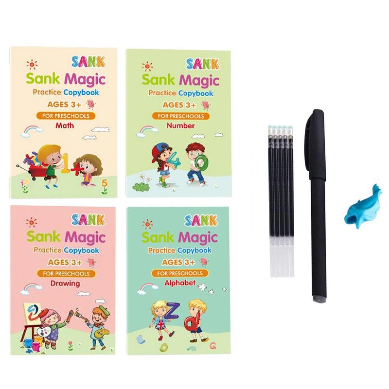 Carti si Birotica - Carti - Carti pentru copii - Activitati extracurriculare - Set 4 x Caiete Sank™ Magic Practice Copybook, 1 x Stilou Magic, 5 x Rezerve, 1 x Suport degete - Infinity.ro