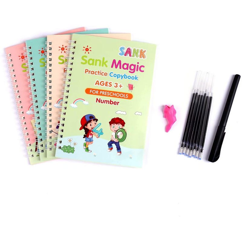 Carti si Birotica - Carti - Carti pentru copii - Activitati extracurriculare - Set 4 x Caiete Sank™ Magic Practice Copybook, 1 x Stilou Magic, 5 x Rezerve, 1 x Suport degete - Infinity.ro