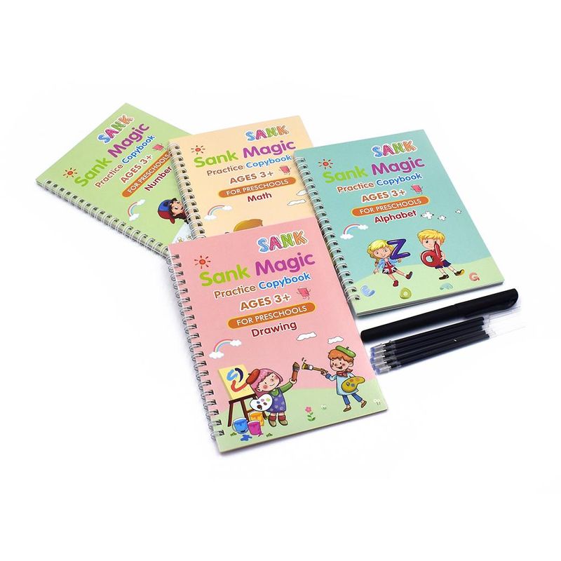 Carti si Birotica - Carti - Carti pentru copii - Activitati extracurriculare - Set 4 x Caiete Sank™ Magic Practice Copybook, 1 x Stilou Magic, 5 x Rezerve, 1 x Suport degete - Infinity.ro