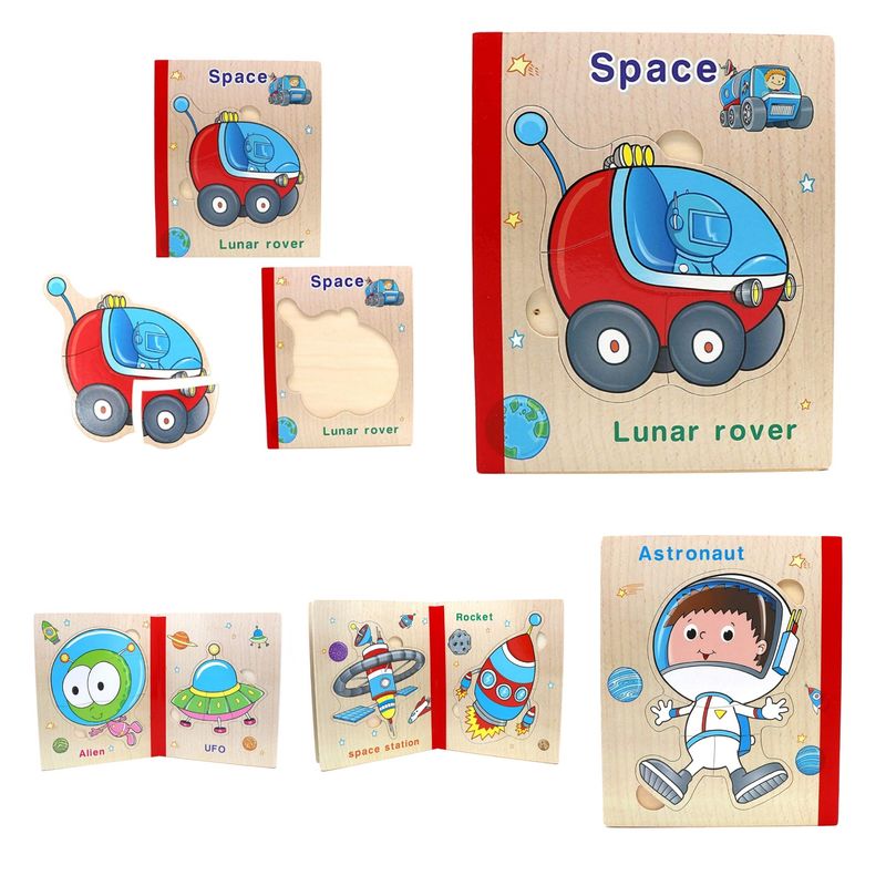 Jucarii, Copii si Bebe - Jucarii si jocuri - Jocuri si puzzle - Puzzle - Carte 6 Puzzle-uri din lemn – Descopera Spatiul, limba Engleza, 30 piese, 3 ani+ - Infinity.ro